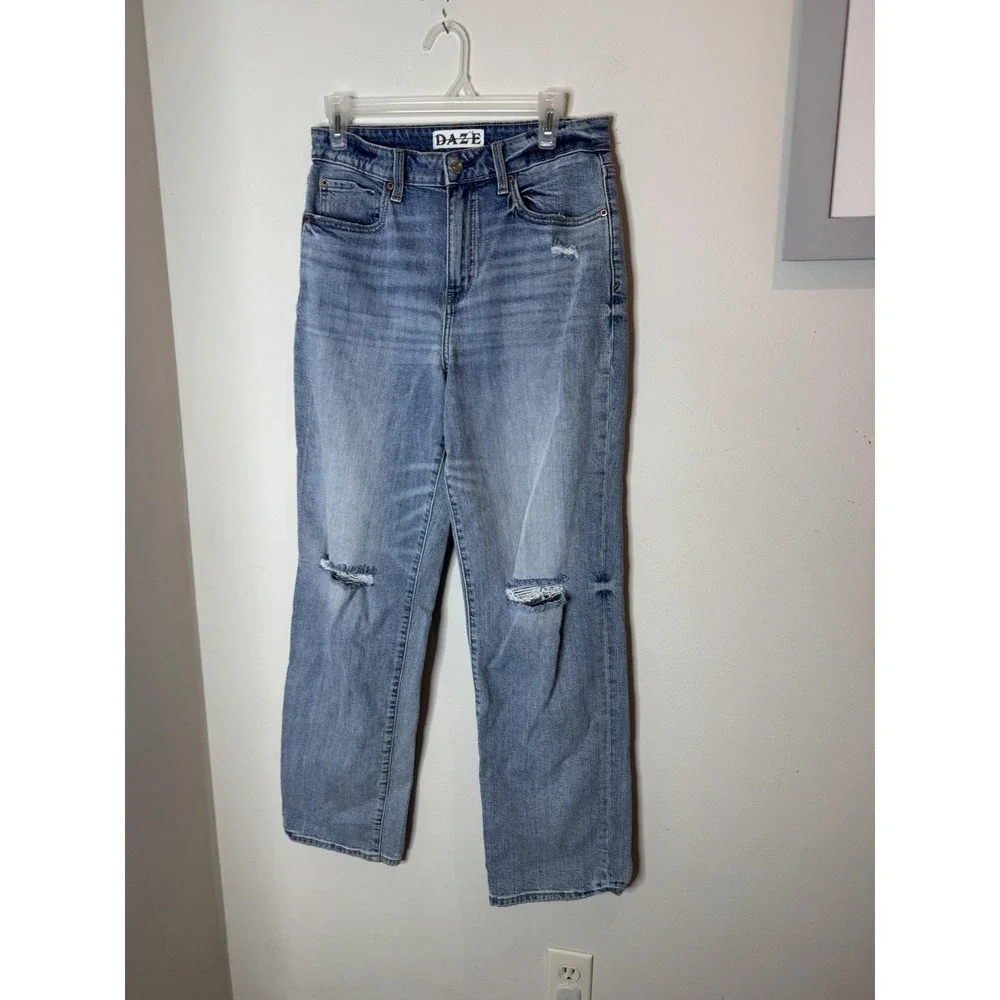 DAZE Tough Love Jeans Womens 29‎ Light Wash High Rise Straight Distressed Denim